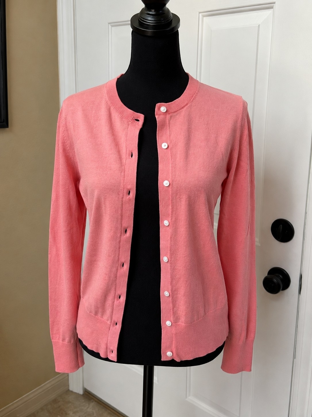 LOFT Coral Pink Button-Up Crewneck Cardigan
